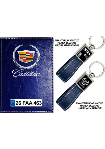 Plakanıza Özel Cadıllac Logolu Lacivert Ruhsat Kabı ve Anahtarlık