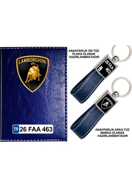 Plakanıza Özel Lamborghını Logolu Lacivert Ruhsat Kabı ve Anahtarlık