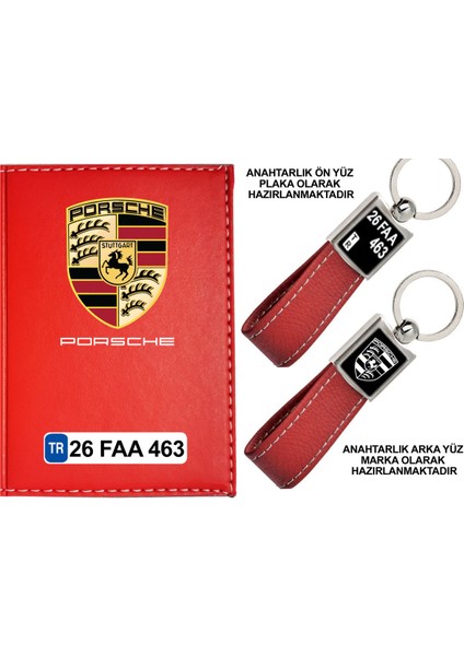 Plakanıza Özel Porche Logolu Kırmızı Ruhsat Kabı ve Anahtarlık
