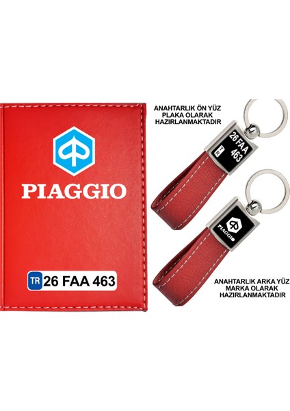 Plakanıza Özel Pıagıo Logolu Kırmızı Ruhsat Kabı ve Anahtarlık