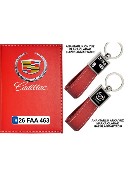 Plakanıza Özel Cadıllac Logolu Kırmızı Ruhsat Kabı ve Anahtarlık