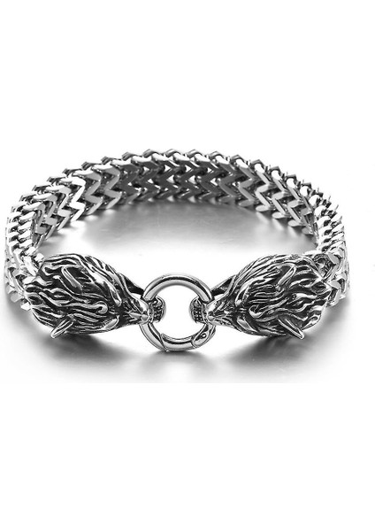 Çift Wolfhead Toka Ile Hip-Pop Tarzı Titanyum Çelik Bilezik (Yurt Dışından)