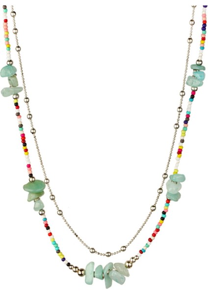Çift Kordon Renkli Boncuk ve Yeşil Taş Kolye Silver Zincir