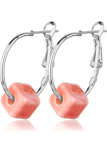 Küp Boncuk Halka Çift Küpe Silver Renk Pembe