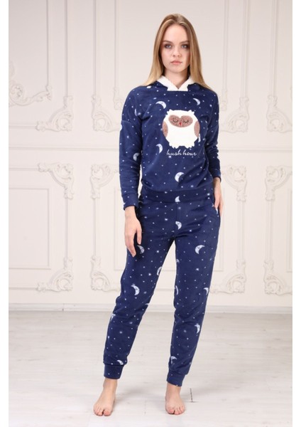 Kapşonlu Baskılı Polar Pijama Takım
