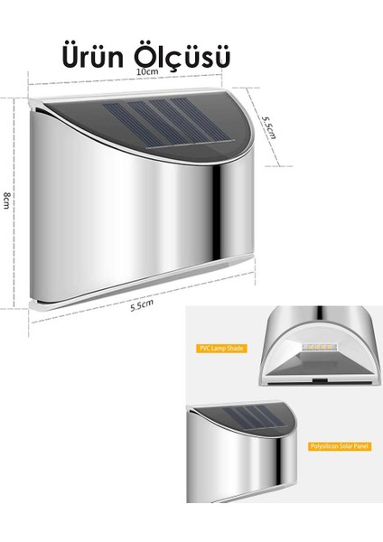 2ADET Solar Metal Tek Taraflı Aplik Duvar Lambası Dekoratif LED Aydınlatma Güneş Enerji