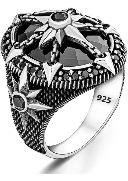 Siyah Zirkon Taşlı Kutup Yıldızlı Gümüş Yüzük