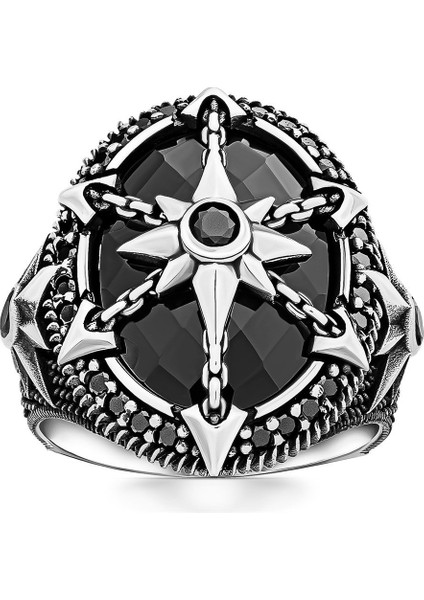 Siyah Zirkon Taşlı Kutup Yıldızlı Gümüş Yüzük fiyatları