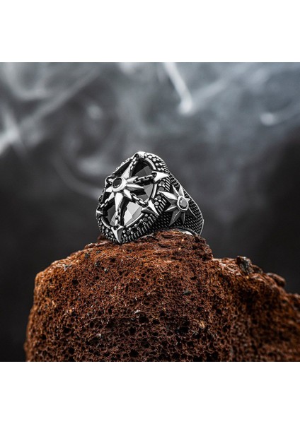 Siyah Zirkon Taşlı Kutup Yıldızlı Gümüş Yüzük modelleri