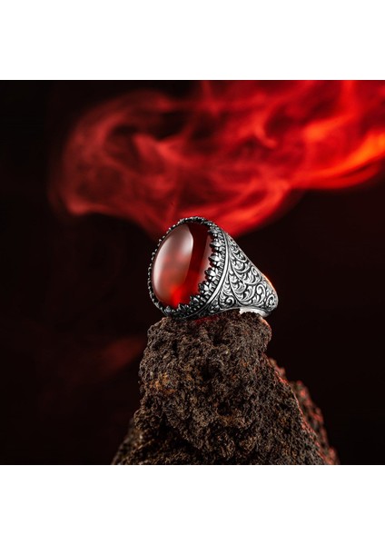 Kırmızı Akik Taşlı Osmanlı Desenli Gümüş Yüzük