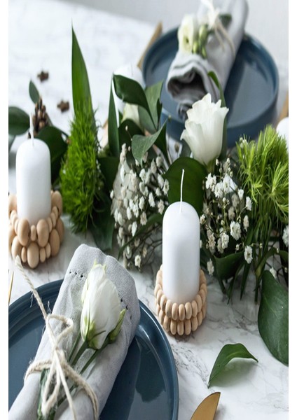 Dekoratif Ahşap Boncuklu Mumluk 2'li Set