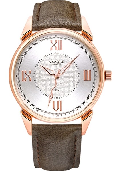Yazol 424 Aydınlık El Kuvars Hareket Izle (Beyaz Kadran + Kahverengi Kayış) (Yurt Dışından)