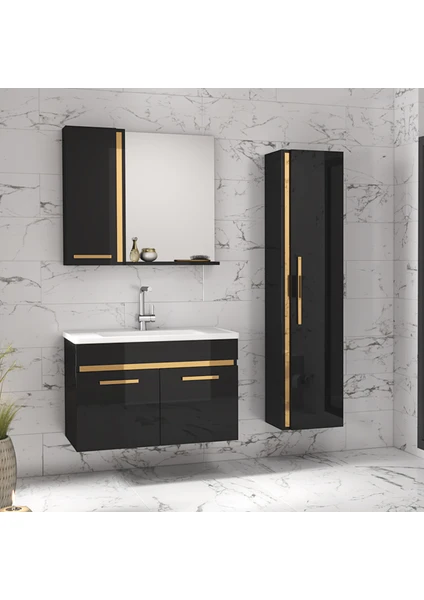 Alfa Banyo Yeni Gold Siyah (80+35) 115 cm Boy Dolaplı lavabolu banyo dolabı-Banyo Takımı