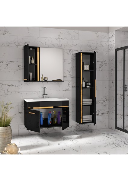 Alfa Banyo Yeni Gold Siyah (80+35) 115 cm Boy Dolaplı lavabolu banyo dolabı-Banyo Takımı