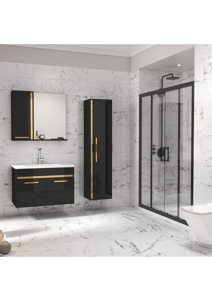 Alfa Banyo Yeni Gold Siyah (80+35) 115 cm Boy Dolaplı lavabolu banyo dolabı-Banyo Takımı