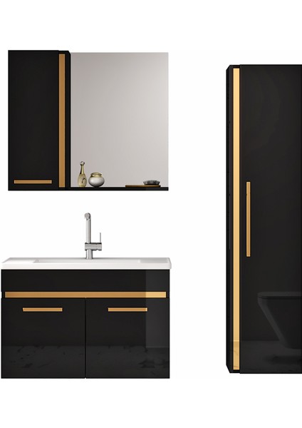 Alfa Banyo Yeni Gold Siyah (80+35) 115 cm Boy Dolaplı lavabolu banyo dolabı-Banyo Takımı