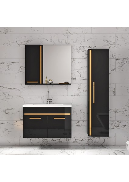 Alfa Banyo Yeni Gold Siyah (80+35) 115 cm Boy Dolaplı lavabolu banyo dolabı-Banyo Takımı