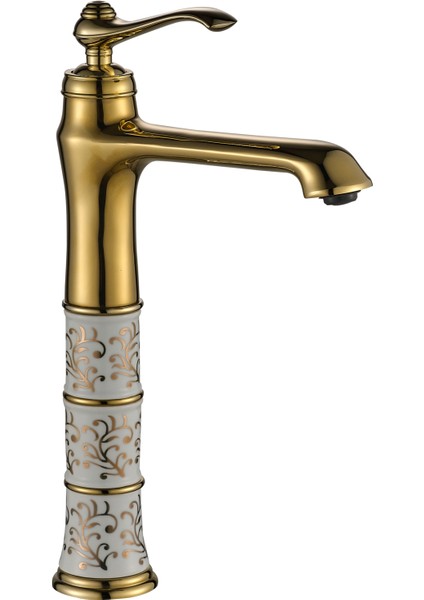 Seramik Desenli Çanak Banyo Lavabo Bataryası Gold