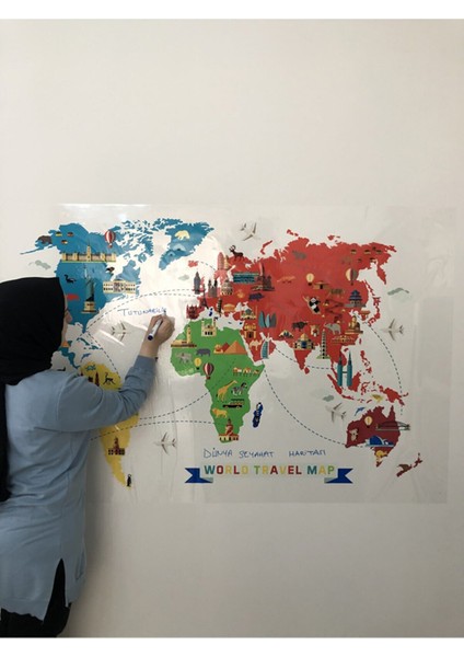 World Travel Map Dünya Seyahat Haritası Yazı Tahtası Akıllı Kağıt Tahta 100X150 cm + Kalem
