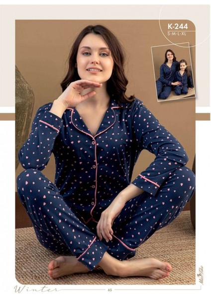 Cheeky Dishy Uzun Kol Düğmeli Kalp Desenli Pijama Takımı