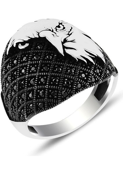 925 Ayar Gümüş Libert Kartal Motifli Siyah Mikro Taşlı Yüzük fiyatları