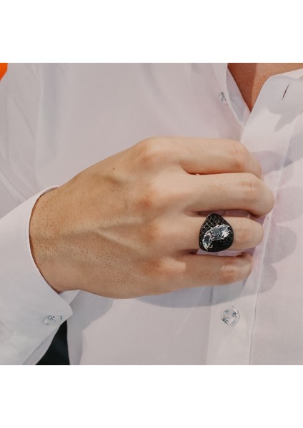 925 Ayar Gümüş Libert Kartal Motifli Siyah Mikro Taşlı Yüzük modelleri