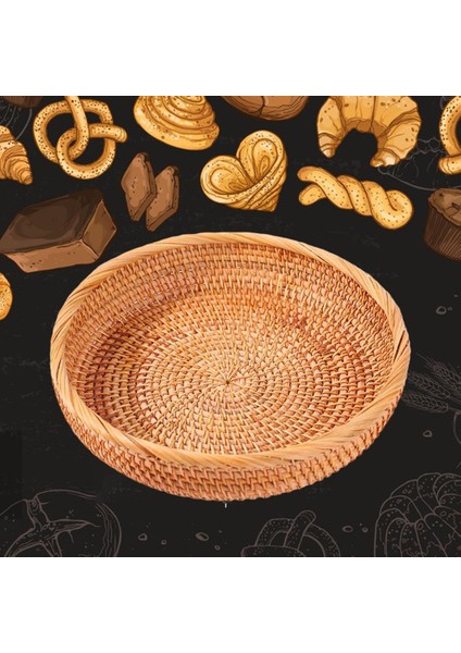 Hasır Dokuma Yuvarlak Snack Meyve Kase Rattan Gıda Tepsisi Organizatör Dayanıklı 25X5 cm