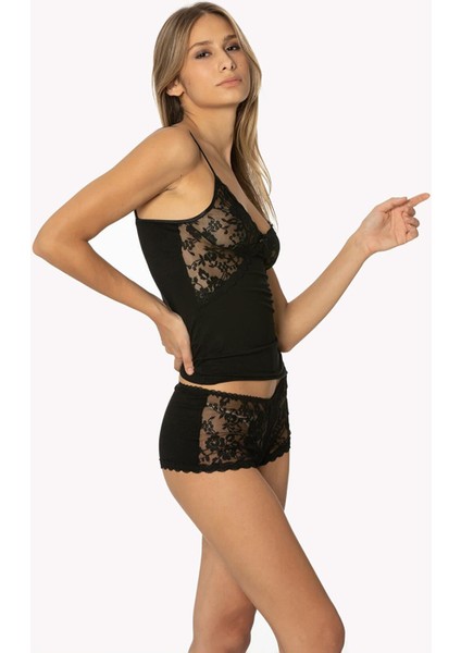 Kadın Dantelli Penye Atlet Külot / Kaşkorse Set - 361 Siyah fiyatları