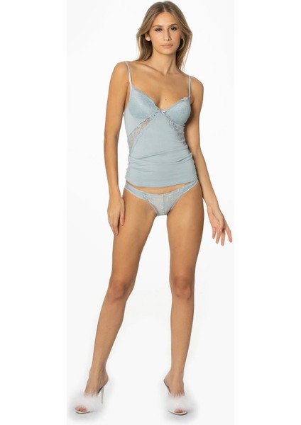 Kadın Dantelli Penye Atlet Külot / Kaşkorse Set - 356 Mist