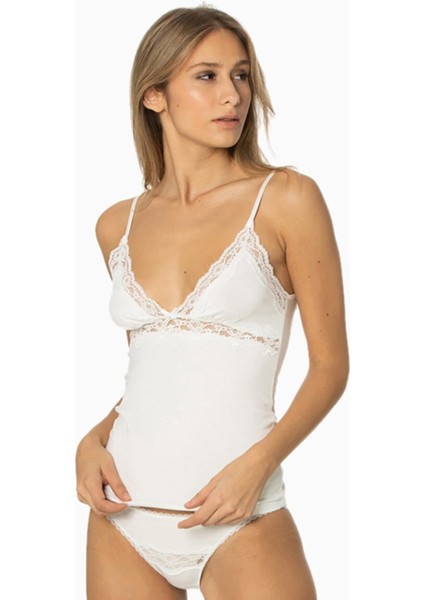 Kadın Dantelli Penye Atlet Külot / Kaşkorse Set - 367 Ekru