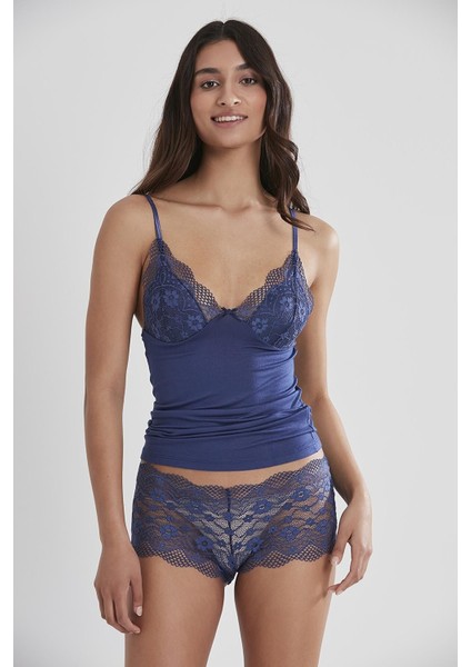 Kadın Dantelli Penye Atlet Külot / Kaşkorse Set - 332 Lacivert
