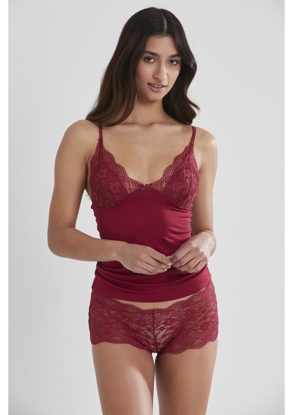 Kadın Dantelli Penye Atlet Külot / Kaşkorse Set - 332 Bordo