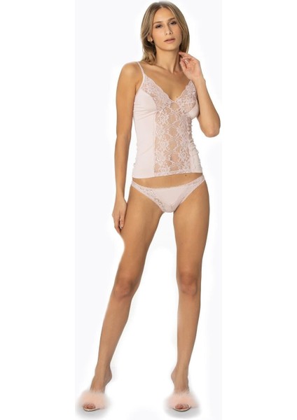 Kadın Dantelli Penye Atlet Külot / Kaşkorse Set - 381 Pudra
