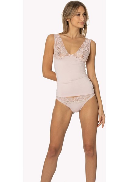 Kadın Dantelli Penye Atlet Külot / Kaşkorse Set - 390 Pudra