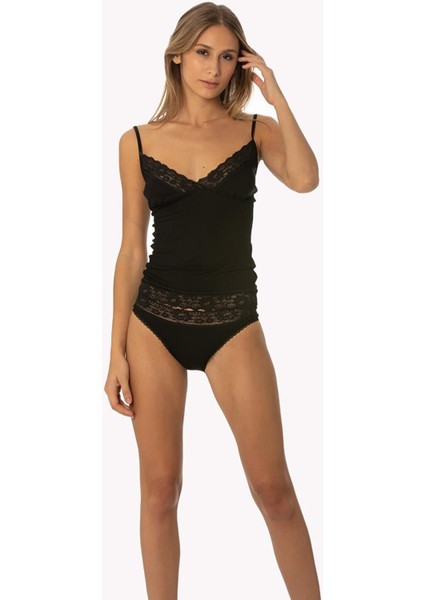 Kadın Dantelli Penye Atlet Külot / Kaşkorse Set - 365 Siyah