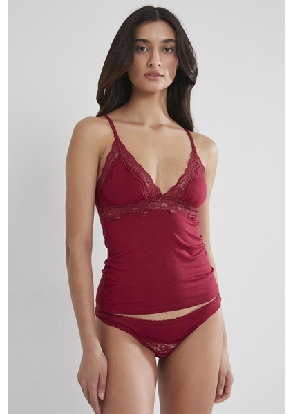 Kadın Dantelli Penye Atlet Külot / Kaşkorse Set - 367 Bordo