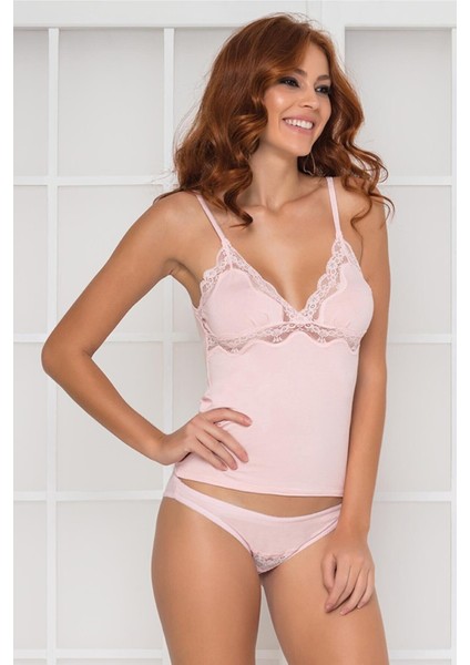 Kadın Dantelli Penye Atlet Külot / Kaşkorse Set - 367 Pudra