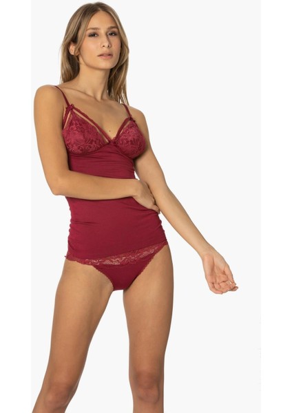 Kadın Dantelli Penye Atlet Külot / Kaşkorse Set - 375 Bordo