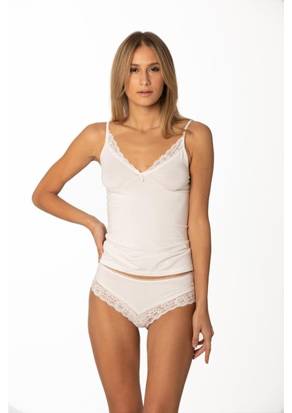 Kadın Dantelli Penye Atlet Külot / Kaşkorse Set - 396 Ekru