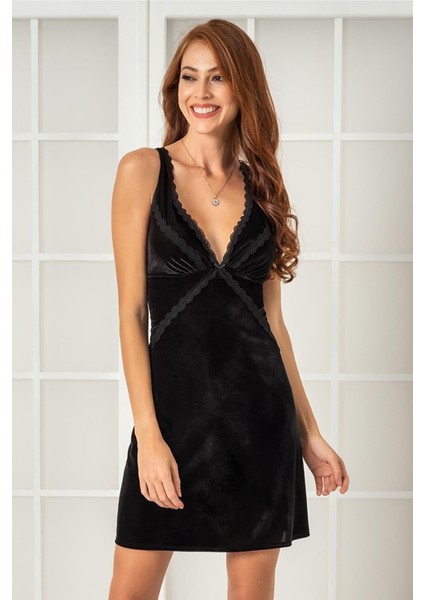 Kadın Saten Dantelli Gecelik 840 Siyah