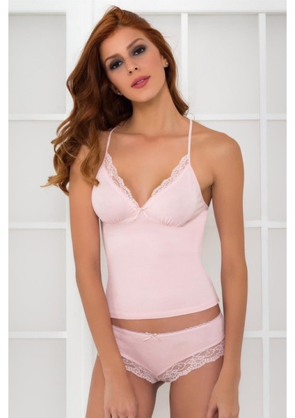 Kadın Dantelli Penye Atlet Külot / Kaşkorse Set - 396 Pudra