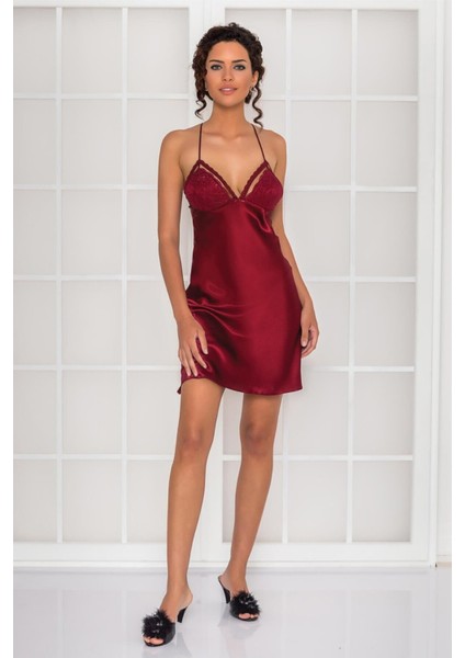 Kadın Saten Dantelli Gecelik 670 Bordo