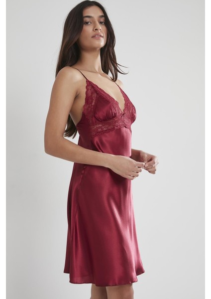 Kadın Saten Dantelli Gecelik 603 Bordo