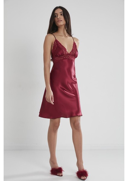 Kadın Saten Dantelli Gecelik 603 Bordo fiyatları