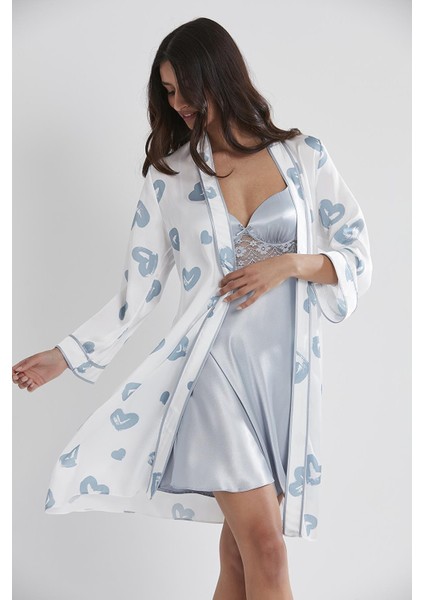 Kadın Saten Emprime Gecelik & Sabahlık Takım - 2406 Mist