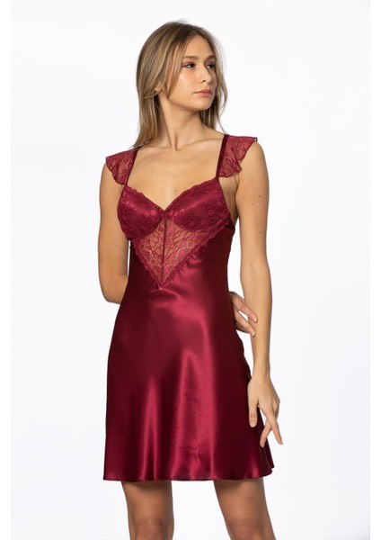 Kadın Saten Dantelli Gecelik 635 Bordo