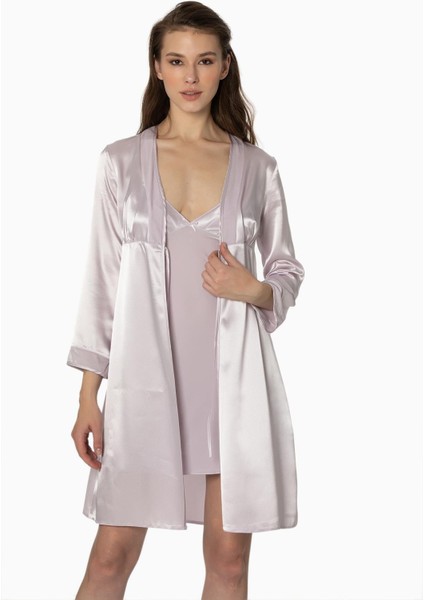 Kadın Kadife Saten Gecelik & Sabahlık Takım - 4040 Viola