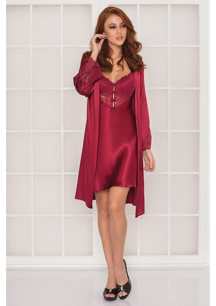 Kadın Saten Dantelli Gecelik & Sabahlık Takım 4300 Bordo