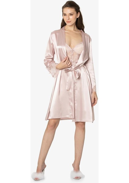 Kadın Saten Dantelli Gecelik & Sabahlık Takım 4300 Pudra