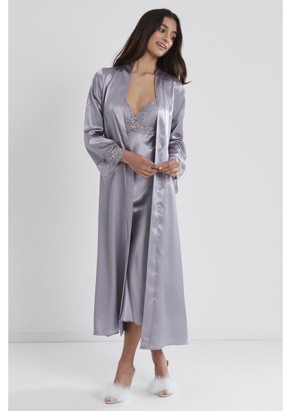 Kadın Saten Dantelli Gecelik & Sabahlık Takım - 4370 Royal fiyatları